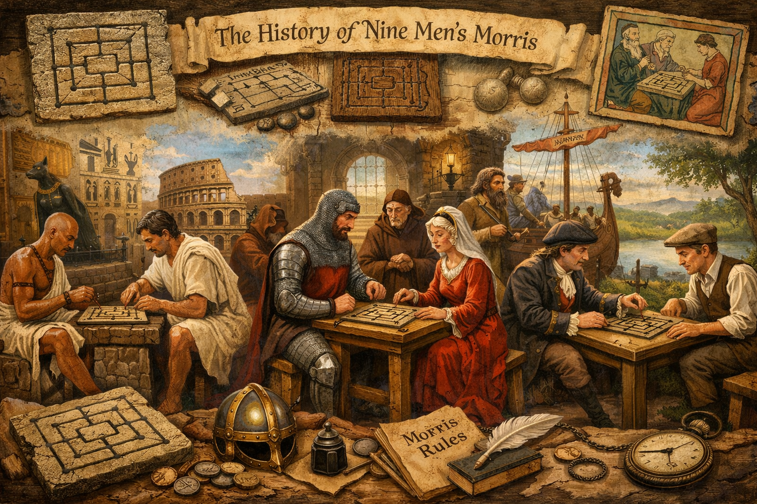 An ancient Nine Men's Morris board carved into stone